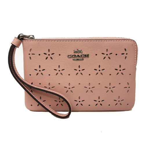 COACH 經典LOGO簍空雕花牛皮手拿包(薔薇粉)