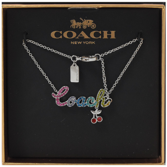 COACH 彩色水鑽草寫logo櫻桃造型手鍊(銀)