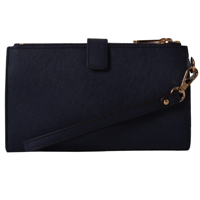 MICHAEL KORS JET SET金字LOGO防刮皮革雙層手拿長夾-深藍