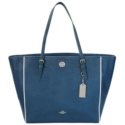 COACH礦石藍防刮皮革前旋釦袋肩背托特包(大)