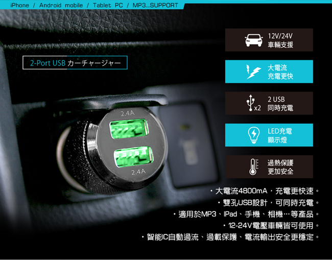 KINYO 金屬雙孔USB車用充電器CU55