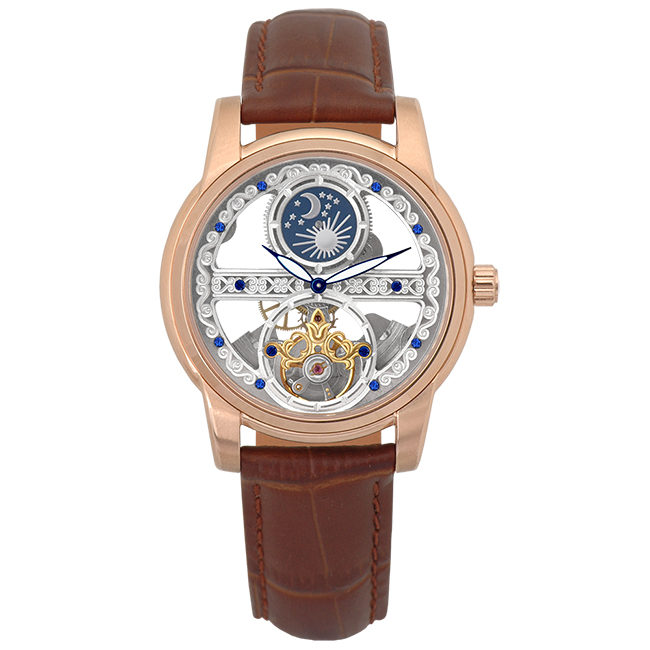 Valentino Coupeau 范倫鐵諾 古柏 日月相鏤雕機械腕錶 (玫瑰金/咖帶)