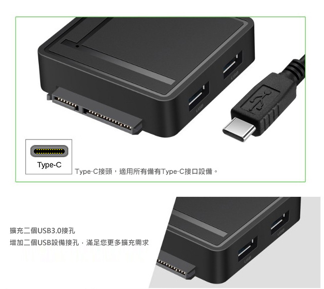 MAX+Type-c to SATA/SD-TF/2 Port USB3.0 三合一集線器