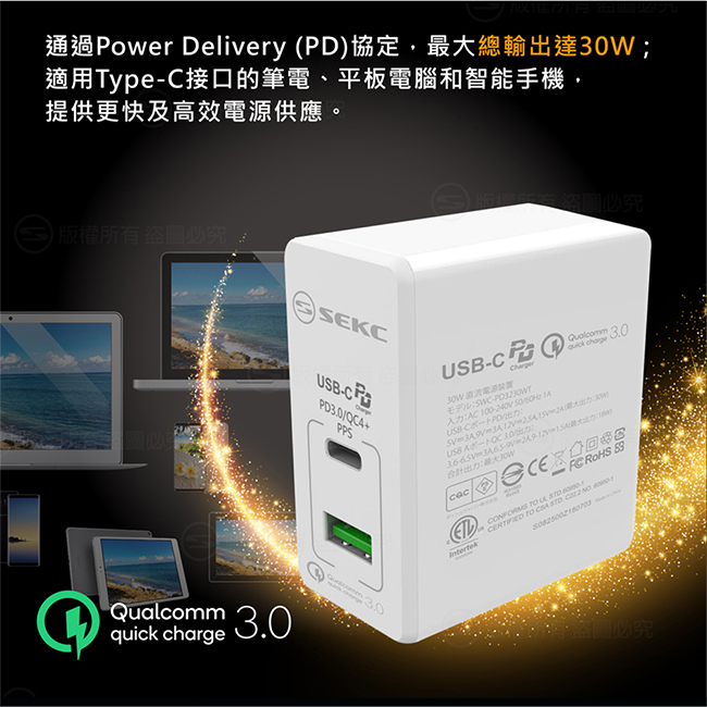 【SEKC】 PD+QC3.0 30W PD牆充充電器(2孔-白)