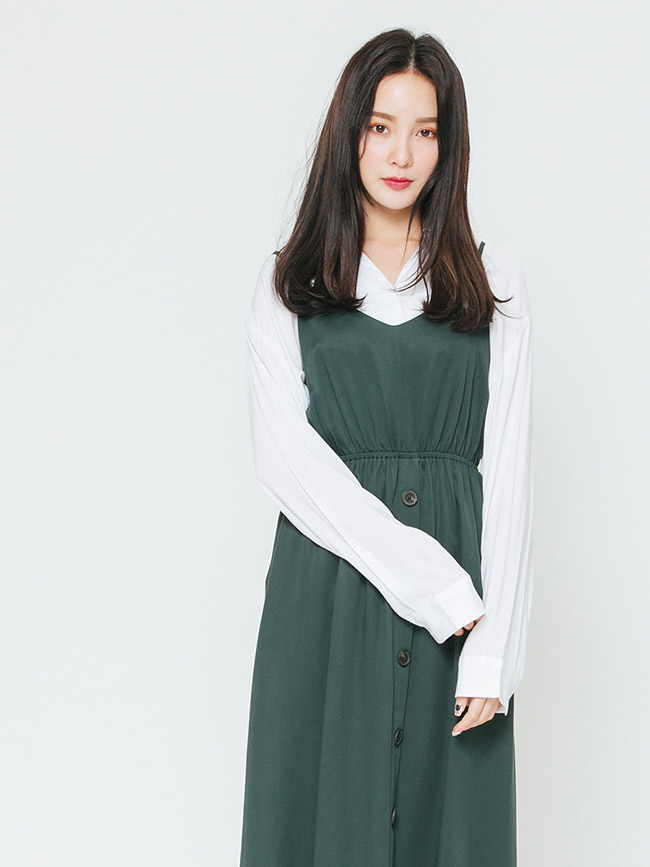 H:CONNECT 韓國品牌 女裝-縮腰排扣細肩帶洋裝-藍綠色