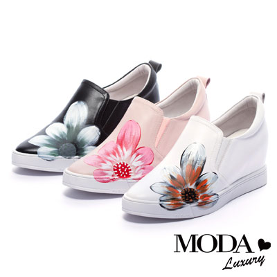 休閒鞋 MODA Luxury 彩色手繪花朵全真皮內增高休閒鞋－粉