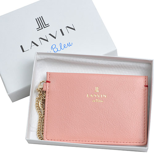 LANVIN 品牌經典LOGO圖騰牛皮愛心掛飾名片夾(粉紅)