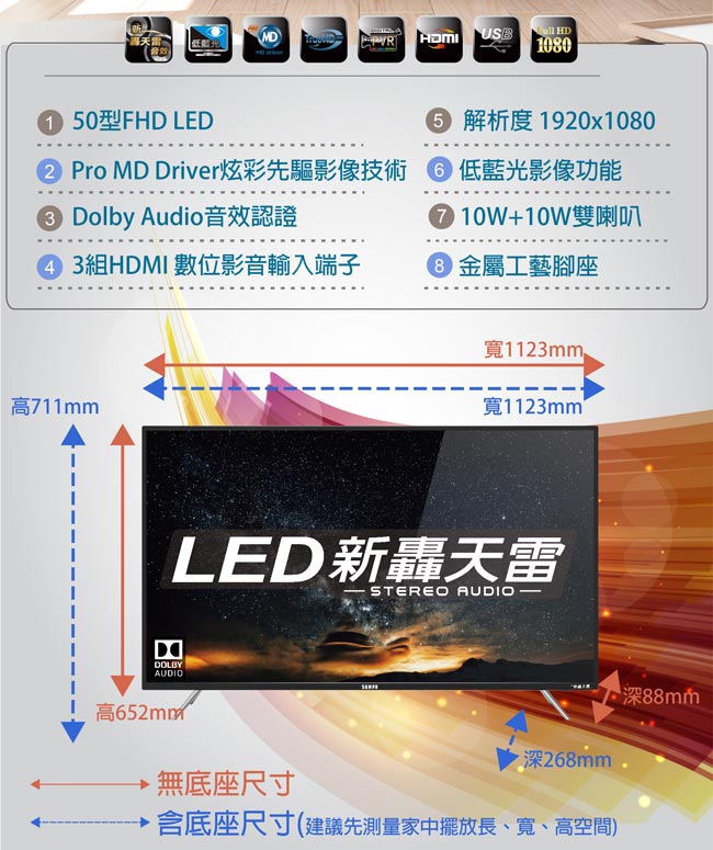 [領券9折] SAMPO聲寶 50型 FHD新轟天雷低藍光影像顯示器 EM-50KT18A