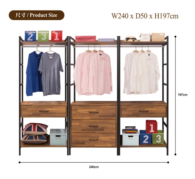 日本直人木業-STEEL積層木工業風一個三抽二個單抽240CM多功能衣櫃