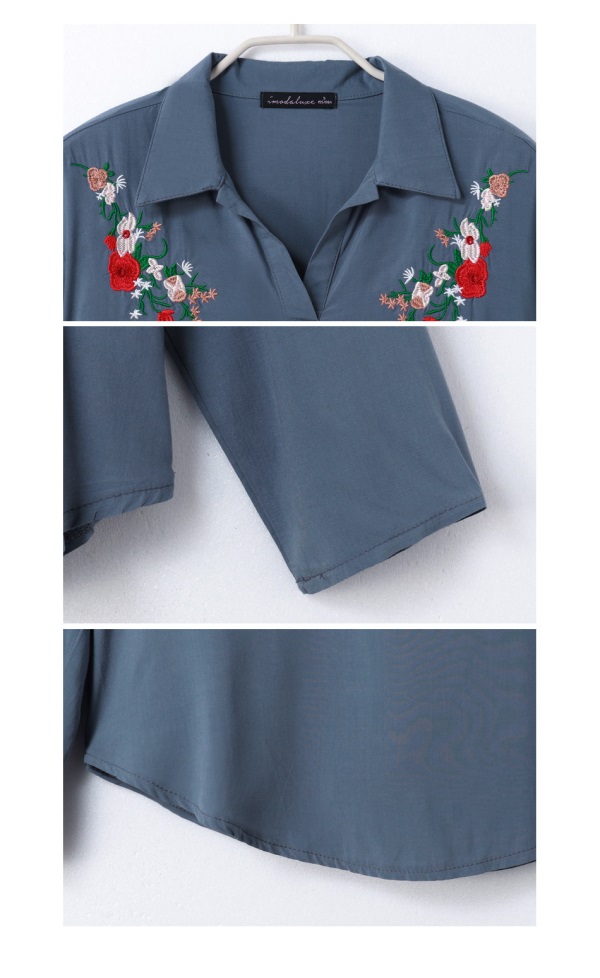 花朵刺繡半開襟反褶袖襯衫-OB大尺碼