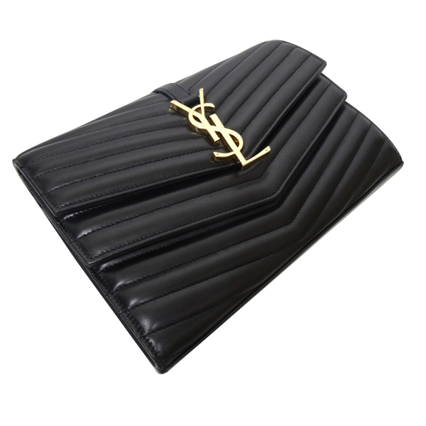 YSL SULPICE羊皮金釦山型紋雙層蓋鏈包(黑色)