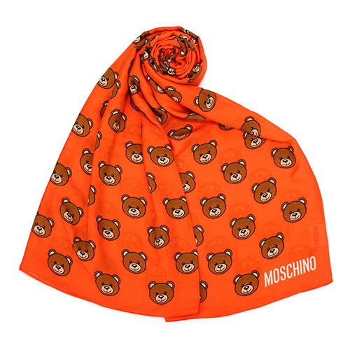 MOSCHINO 經典滿版TOY小熊圖樣100%莫代爾薄圍巾-亮橘色