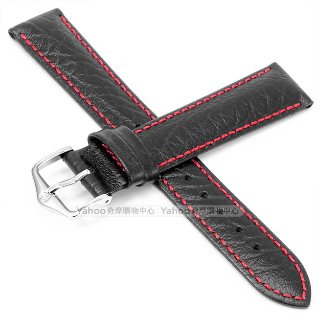 海奕施 HIRSCH Jumper L 紅縫線小牛皮錶帶 防水可清洗-黑