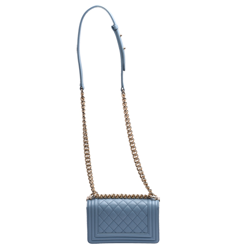 CHANEL 經典BOY系列小牛皮金屬釦壓邊金鍊肩背包(薄霧藍-20cm)