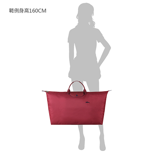 LONGCHAMP COLLECTION 刺繡LOGO尼龍摺疊短把手提包(特大/石榴紅x藍