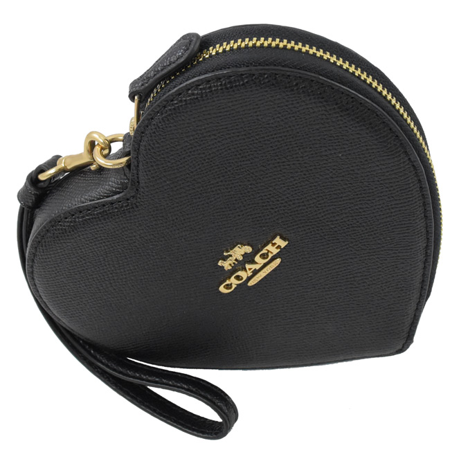 COACH 金屬LOGO防刮牛皮附手掛帶大愛心零錢包(黑)