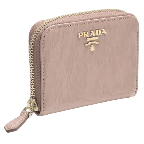 PRADA 經典金色浮雕LOGO直紋牛皮拉鍊卡夾/零錢包(裸粉色)