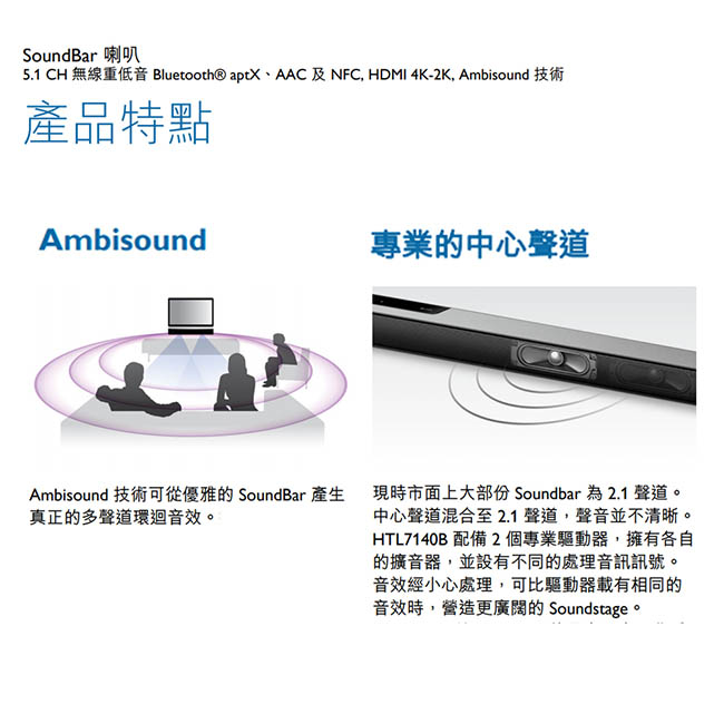 PHILIPS飛利浦 藍牙無線環繞Soundbar劇院 HTL7140B/12【福利品】