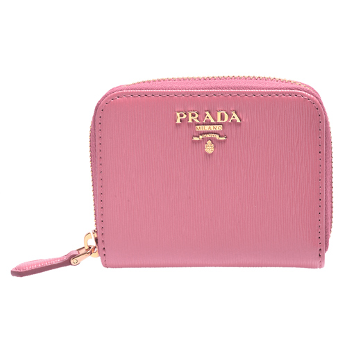 PRADA 經典金色浮雕LOGO水波直紋牛皮拉鍊卡夾/零錢包(粉)