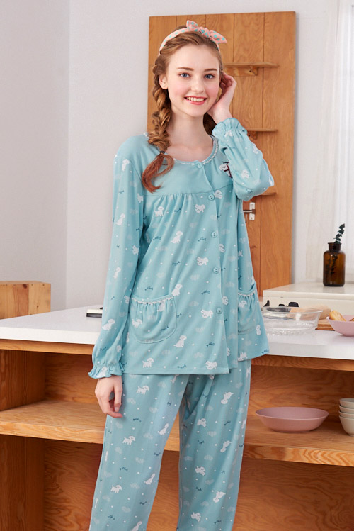 睡衣 小貴賓狗 針織棉長袖兩件式睡衣(R77209-4藍綠色) 蕾妮塔塔
