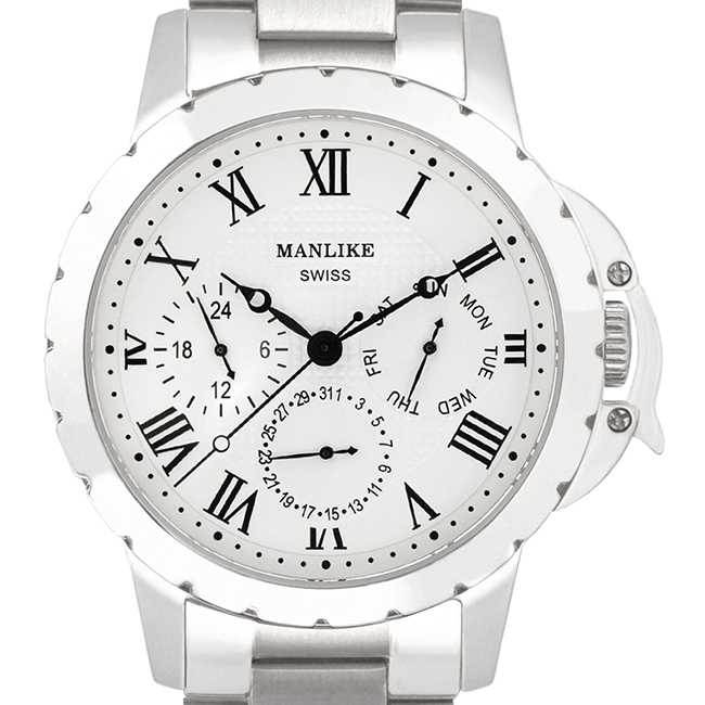 Manlike 曼莉萊克 多功能三眼腕錶【銀色/鋼帶/白面】