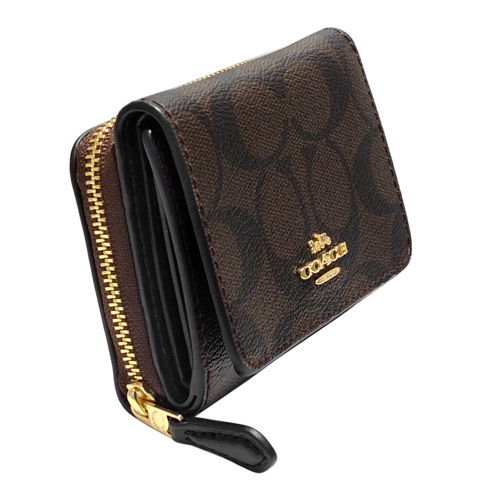 COACH深咖啡C Logo內真皮釦式三摺零錢袋小短夾