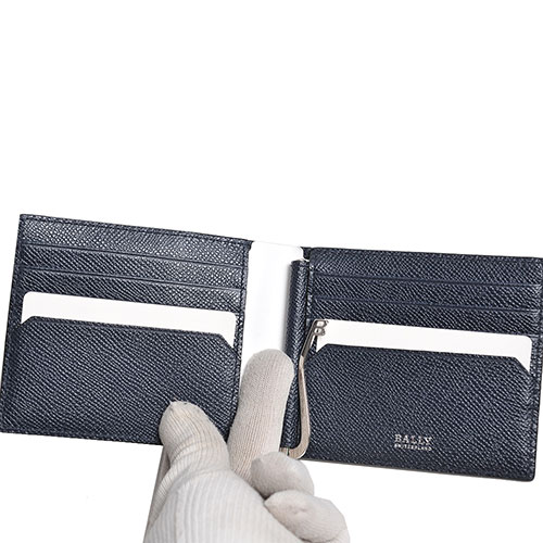 BALLY TARRISH 經典條紋logo夾式鈔票對折皮夾(深藍)