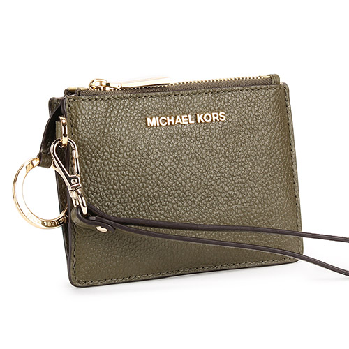 MICHAEL KORS Mercer 金LOGO荔枝紋皮革證件零錢手拿包-橄欖綠色