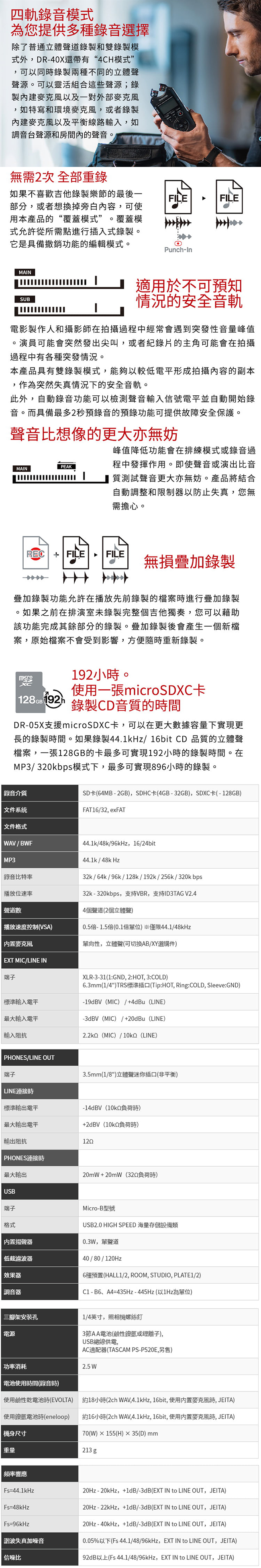 【日本TASCAM】攜帶型線性PCM錄音機 DR-40X