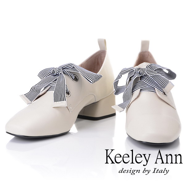 Keeley Ann慵懶盛夏 復古蝴蝶結小方頭包鞋(米白色)