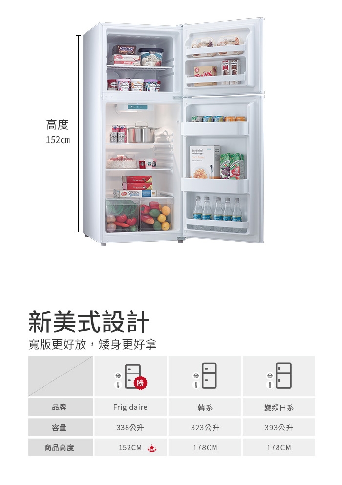 Frigidaire富及第 338L 1級定頻2門電冰箱FFET1222QW典雅白 福利品