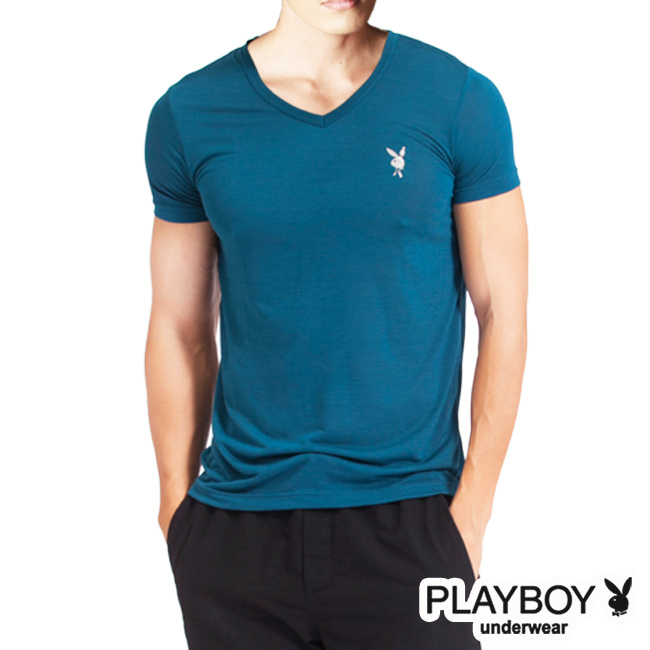PLAYBOY 速乾機能服 排汗速乾透涼V領短袖衫(土耳其藍)