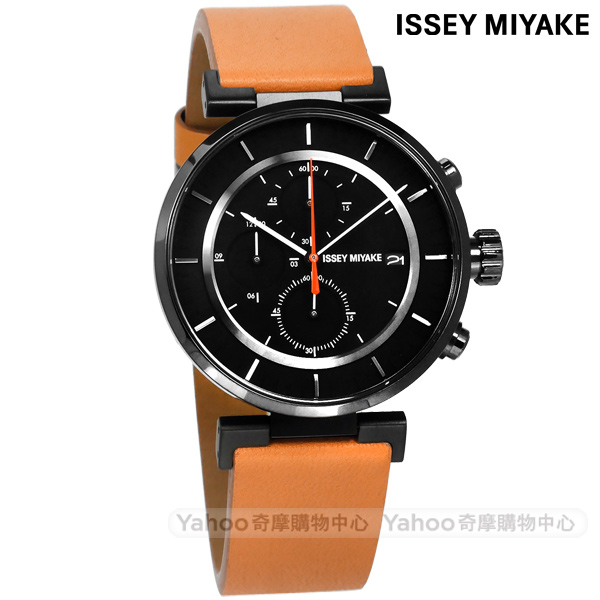 ISSEY MIYAKE 三宅一生 W系列 和田智設計師計時牛皮手錶-黑x卡奇/43mm
