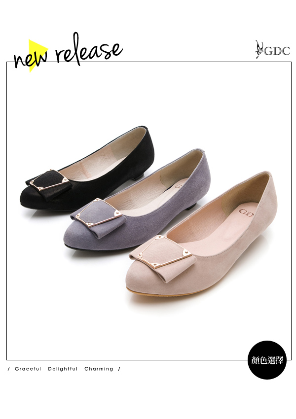 GDC-真皮時尚簡約個性方扣質感尖頭低跟包鞋-香檳色