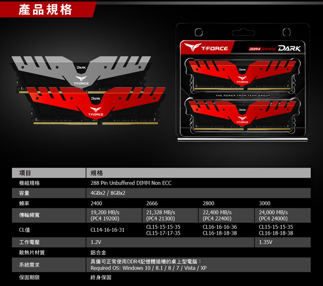 TEAM十銓DARK紅 DDR4-3000 16GB(8G*2) 桌上型記憶體