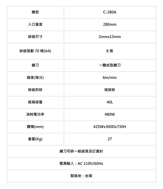 禾昌 GENIUS C-280A B4短碎狀鐵製碎紙機《MIT台灣製》2x13mm