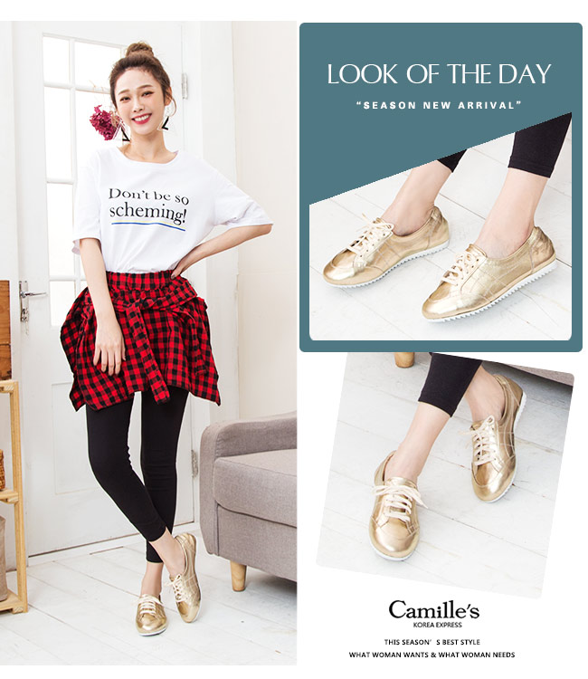 Camille’s 韓國空運-全真皮復古綁帶小白鞋-金色