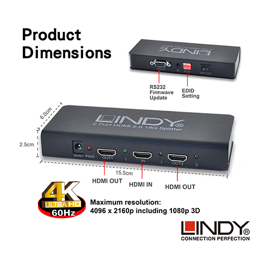 LINDY 林帝 HDMI2.0 UHD 4K 一進二出 影像分配器 (38240)