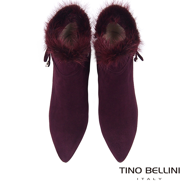 Tino Bellini性感婀娜毛海全真皮高跟尖楦短靴_酒紅