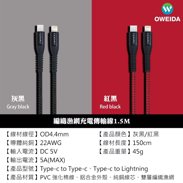 Oweida for Type-C To Lightning 編織漁網傳輸充電線