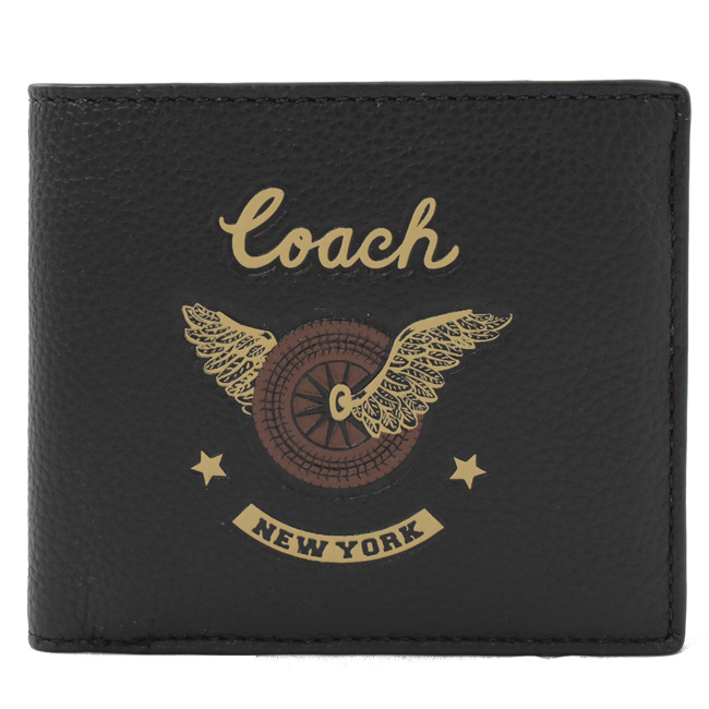 COACH 燙印LOGO圖案牛皮對開短夾(8卡/黑)