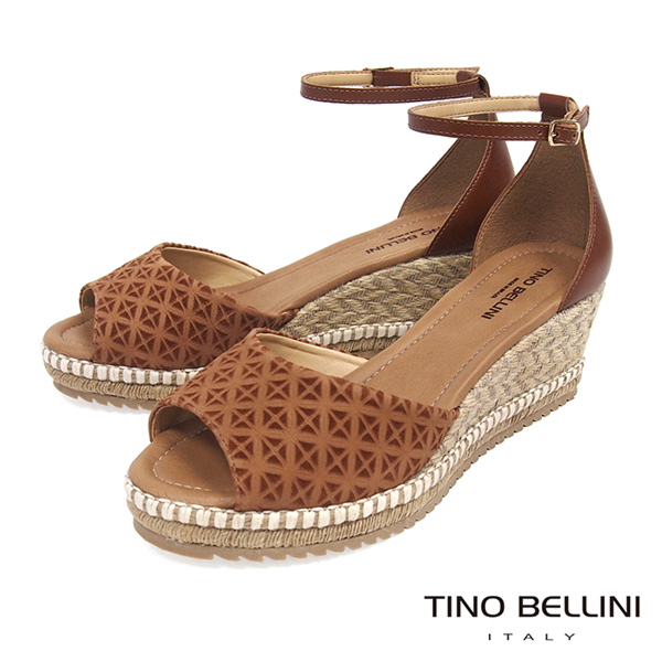 Tino Bellini 巴西進口幾何壓紋雙色麻編楔型魚口涼鞋 _ 棕