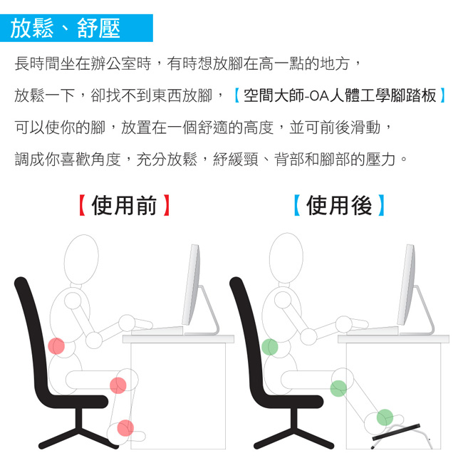 空間大師可調式人體工學腳踏板/腳踏墊-金屬耐壓支架