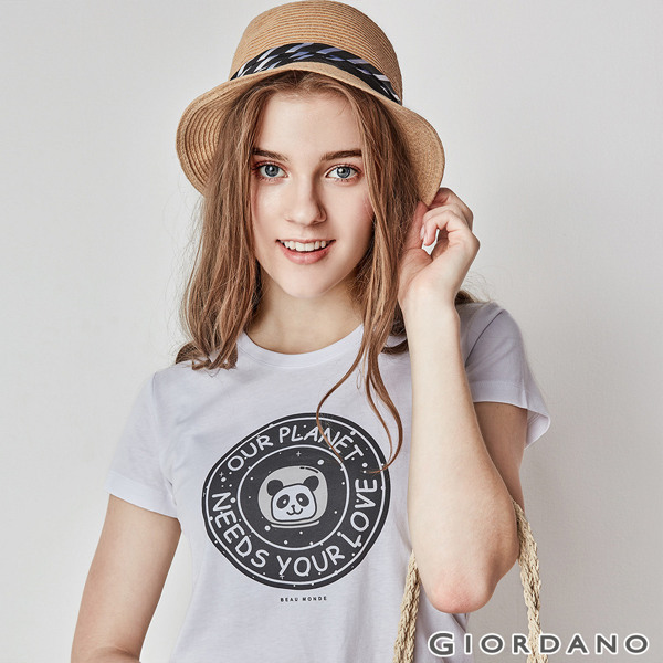 GIORDANO 女裝可愛熊貓短袖印花T恤-01 標誌白