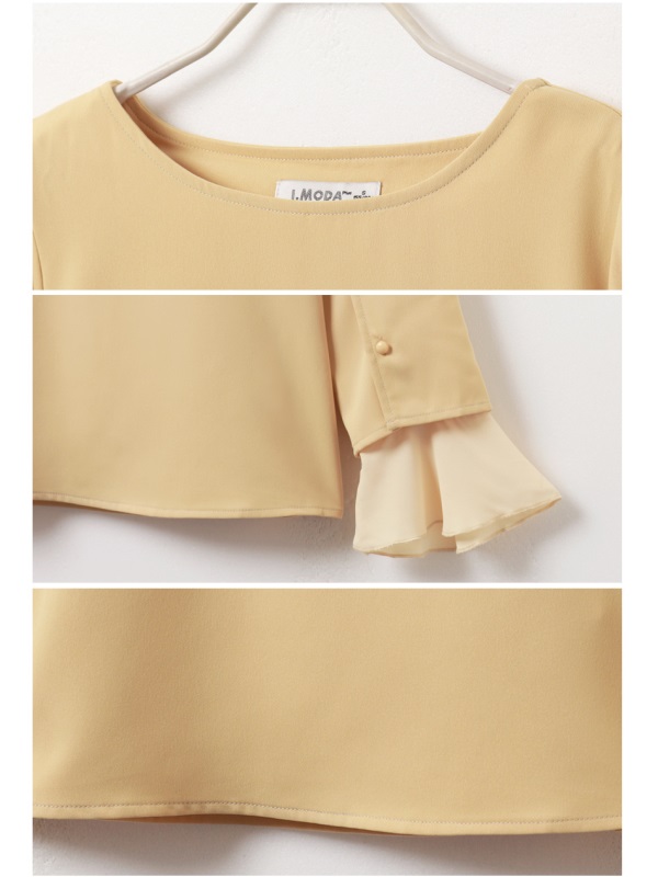 純色造型釦飾荷葉拼接袖上衣-OB大尺碼