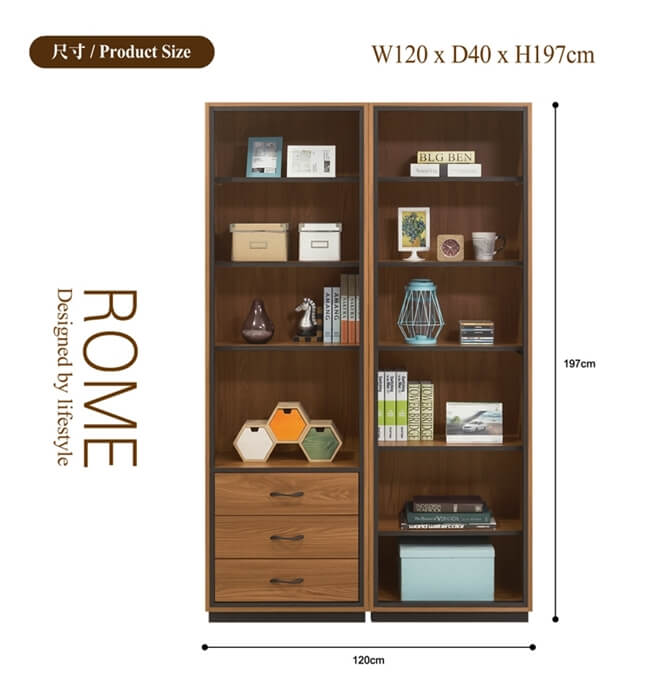 日本直人木業-ROME胡桃木工業風120CM一個3抽一個開放書櫃
