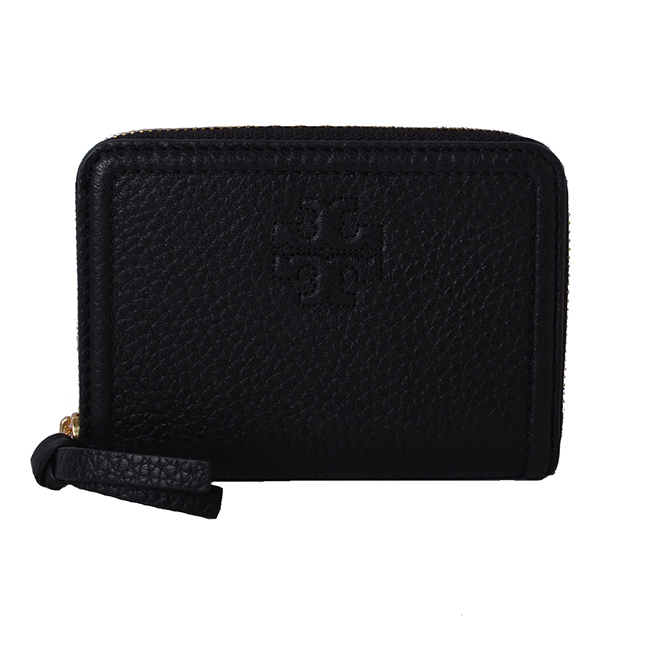 TORY BURCH THEA 縫線LOGO荔枝紋皮革拉鍊零錢包-經典黑