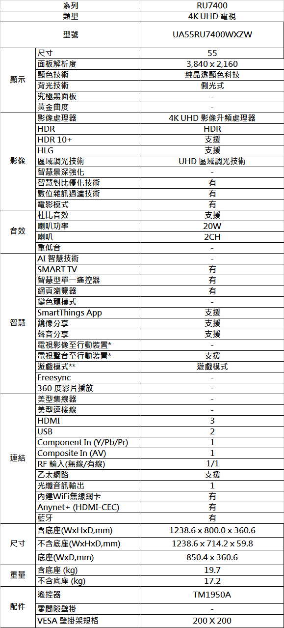 SAMSUNG三星 55吋 4K UHD連網液晶電視 UA55RU7400WXZW