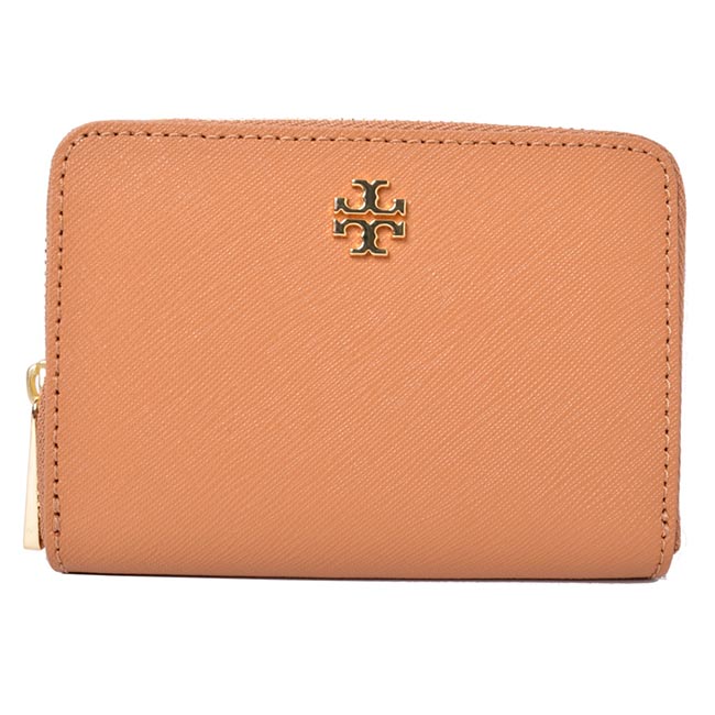 TORY BURCH EMERSON 經典LOGO防刮皮革拉鍊零錢包-奶茶色