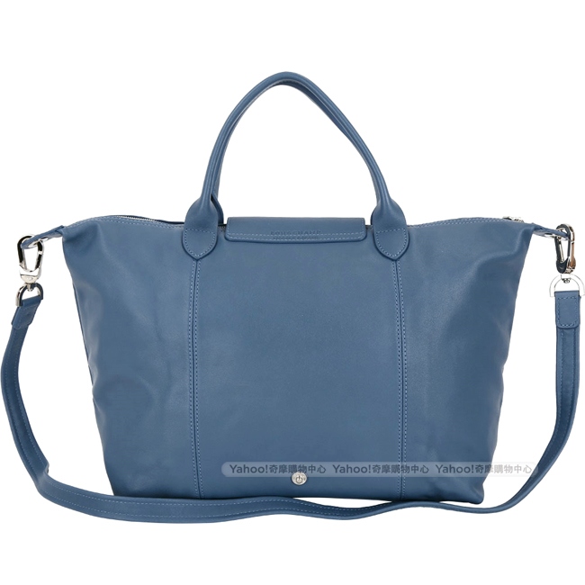 LONGCHAMP Le pliage Cuir 中型短提把羊皮摺疊兩用包(機師藍)